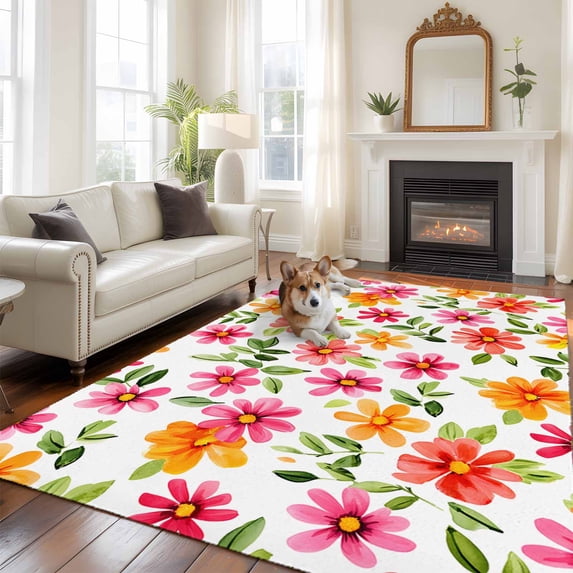 Spring Pink Orange Red Floral Large Area Rugs 5x8 ft Watercolor Flower Vintage Washable Rug Non Slip Indoor Carpet Absorbent Floor Mat for Living Room Bedroom Dining Room