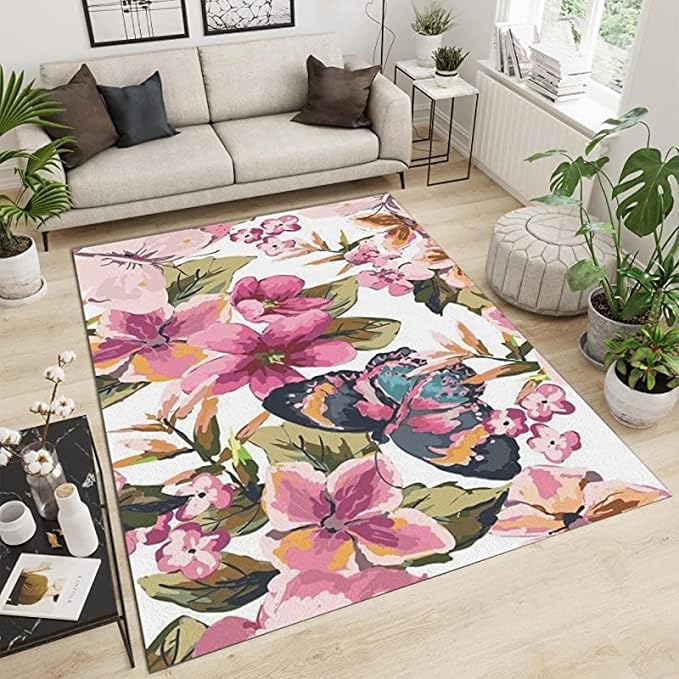 Spring Floral Rugs Spring Pink Peach Blossom Butterfly Art Area Rug, European Pastoral ...