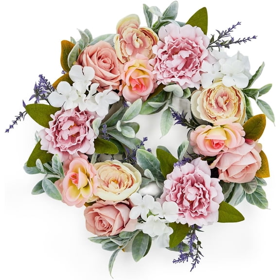 Spring Pink Peony Front Door Wreath 20-inch Flower Wreath with Roses, Hydrangeas, and Rabbit Ear Leaves for Indoor Outdoor Front Door
