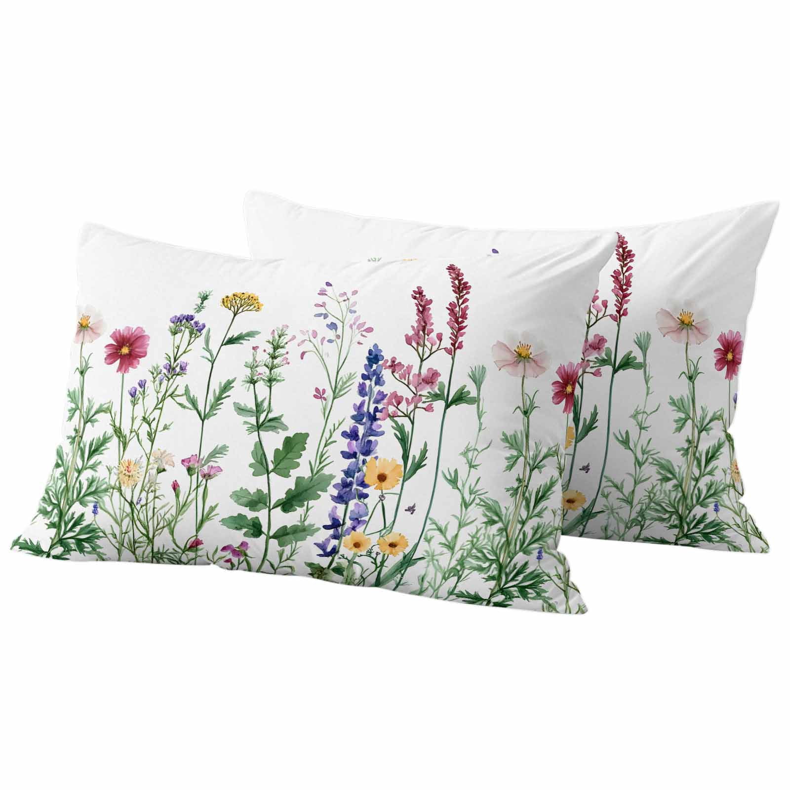 Spring Pink Pillow Covers 2 Pack Wildflower Lavender Botanical Sage Green Leaves Pillowcase Waterproof Outdoor Throw Pillow Cover for Patio Balcony Rectangular Cushion 20”x12”