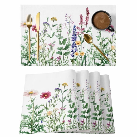 Spring Pink Placemats Set of 1, Wildflower Lavender Botanical Sage Green Leaves Non-Slip Place Mats Washable Table Mats for Kitchen Dining Table Decorations Indoor/Outdoor