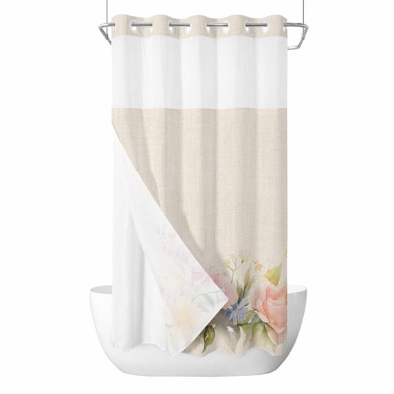 Spring Pink Red Flower No Hooks Shower Curtain with Snap-in Liner Country Watercolor Floral Butterfly Leaf Linen Shower Curtains for Bathroom, Waterproof, Easy Install, Washable 36"x72"