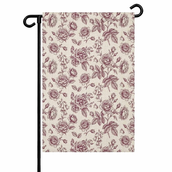 Spring Pink Rose Garden Flag 12x18 Inch Country Vintage Pastoral Pink Flowers Linen Texture Double Sided Small Decorative Garden Flags for Outside, Outdoor Yard Porch Lawn Decoration