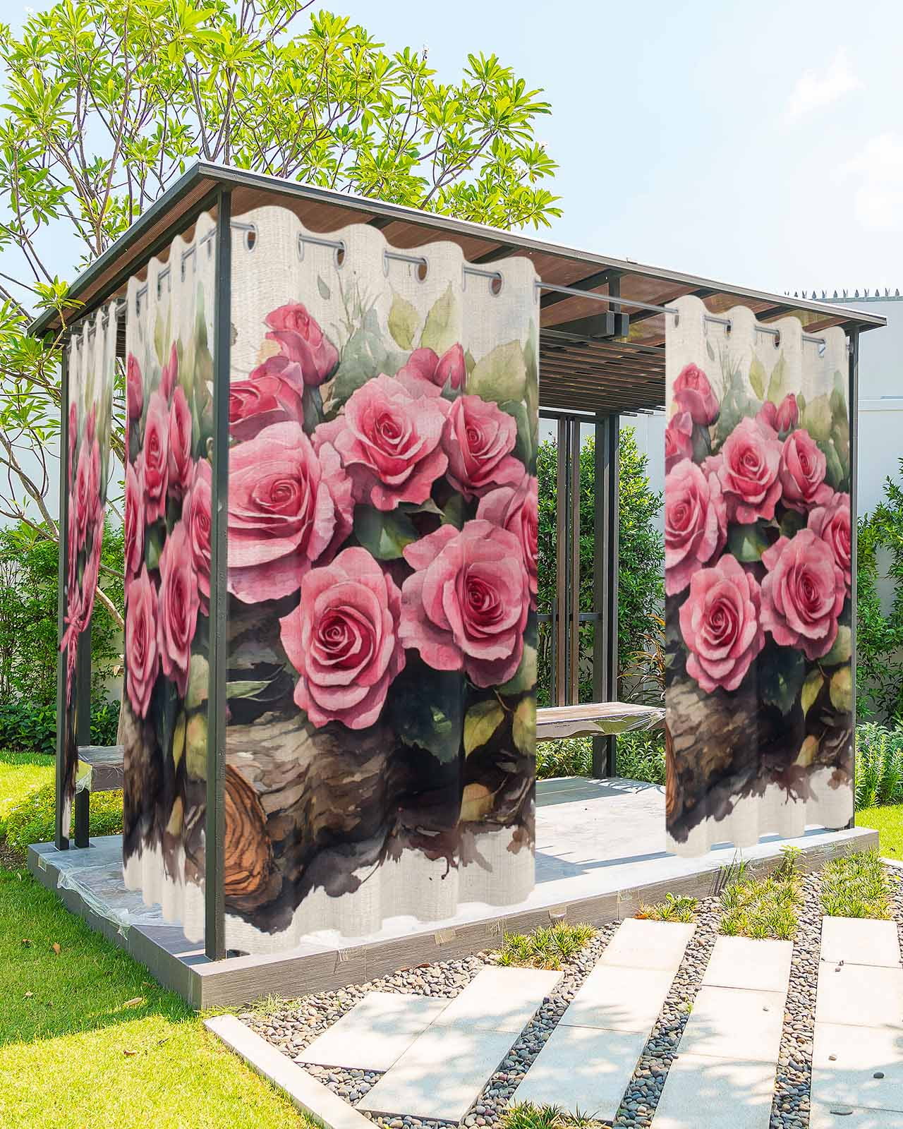 Spring Pink Rose Outdoor Curtains for Patio, Retro Watercolor Pink ...