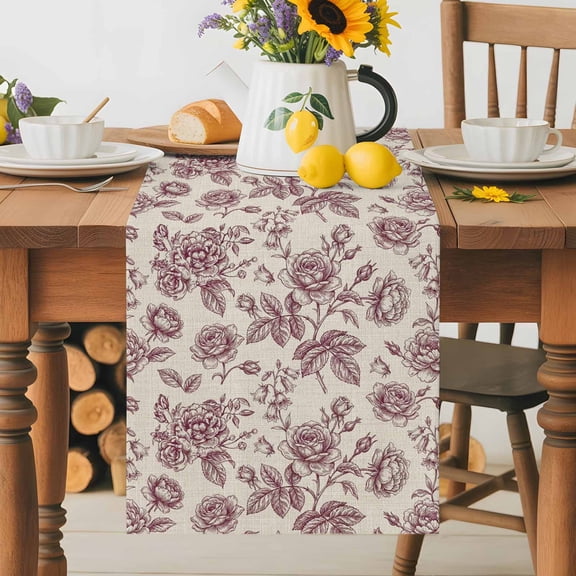 Spring Pink Rose Table Runner 13x48 Inch Country Vintage Pastoral Pink Flowers Linen Texture Cotton Linen Dining Table Runner Ideal for Dresser Kitchen Coffee Tables - Machine Washable