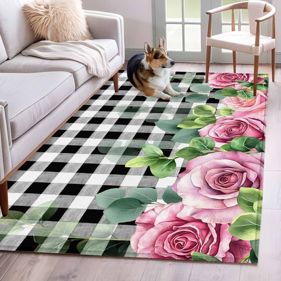 Spring Pink Roses Area Rugs 3'x5', Washable Small Throw Rugs for Living Room Bedroom, Pastoral Eucalyptus Black White Plaid Indoor Outdoor Rug Non-Slip Low Pile Carpet Runner Reversible Floor Mats