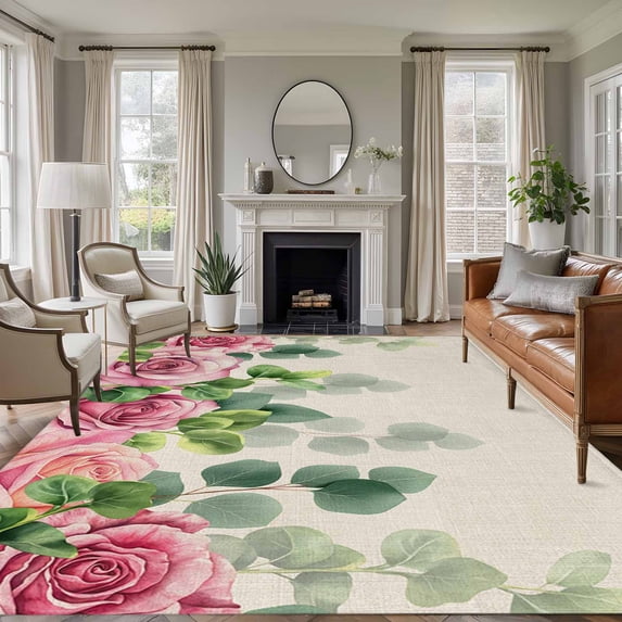 Spring Pink Roses Area Rugs 5'x7', Small Throw Rugs for Laundry Room Playroom, Pastoral Eucalyptus Leaves Rustic Burlap Indoor Outdoor Rug Non-Slip Low Pile Carpet Runner Reversible Floor Mats
