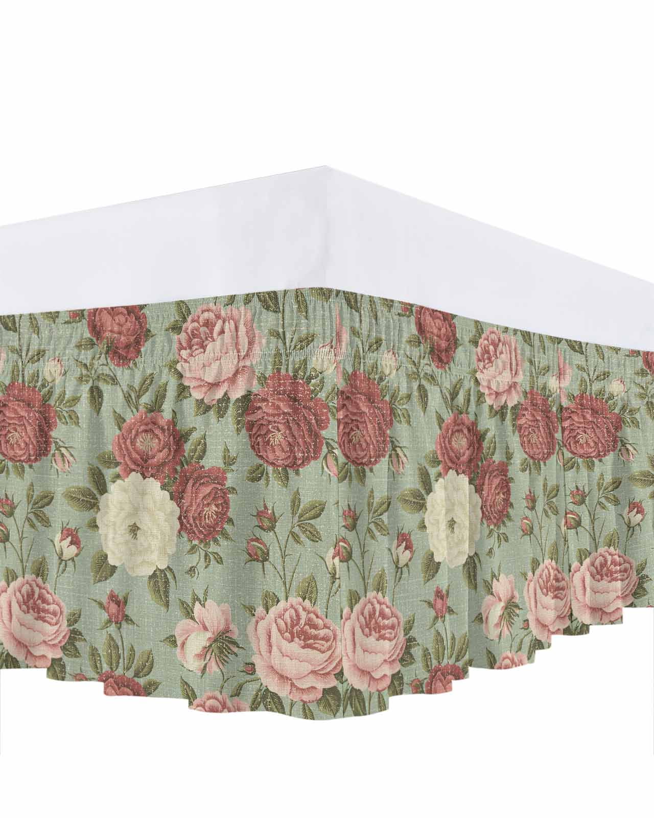 Spring Pink Roses Bed Skirt King Size 16 Inch Drop, Flowers Retro Countryside Adjustable Elastic Dust Ruffles Bedskirt for King Bed Wrap Around Pleated Mattress Frame Cover