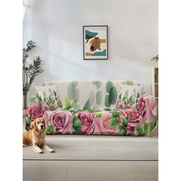 Spring Pink Roses Couch Cover, Pastoral Eucalyptus Leaves Rustic Burlap Sofa Cover Blanket for 3 Cushion Couch, Sectional Sofa Slipcover Furniture Protector for Living Room Bedroom 71''x134''