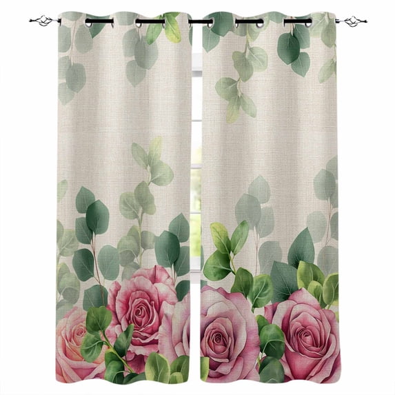 Spring Pink Roses Kitchen Curtains Pastoral Eucalyptus Leaves Rustic Burlap Cafe Short Curtains for Bathroom Blackout Window Curtain Small Window Treatment Drapes for Bedroom Living Room 42"x45"x2