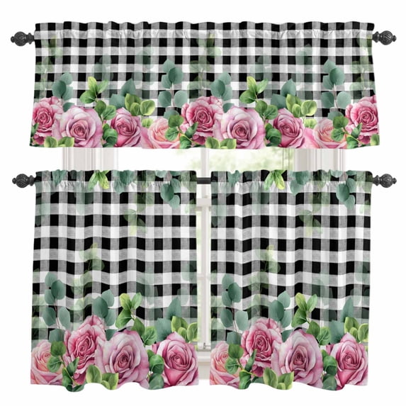 Spring Pink Roses Kitchen Curtains Sets for Windows 24 Inch Length, Pastoral Eucalyptus Black White Plaid Rod Pocket Window Treatments Tier Curtains and Valances Set for Bedroom/Bathroom
