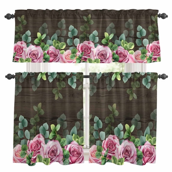 Spring Pink Roses Kitchen Curtains Sets for Windows 36 Inch Length, Pastoral Eucalyptus Leaves Brown Wooden Rod Pocket Window Treatments Tier Curtains and Valances Set for Bedroom/Bathroom