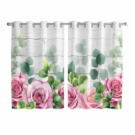Spring Pink Roses Kitchen Curtains Window Panels, Pastoral Eucalyptus Leaves Gray Wooden Insulated Window Treatment Curtain, Grommet Curtains for Bedroom/Living Room/Bathroom, 2 Piece 52"Wx63"L