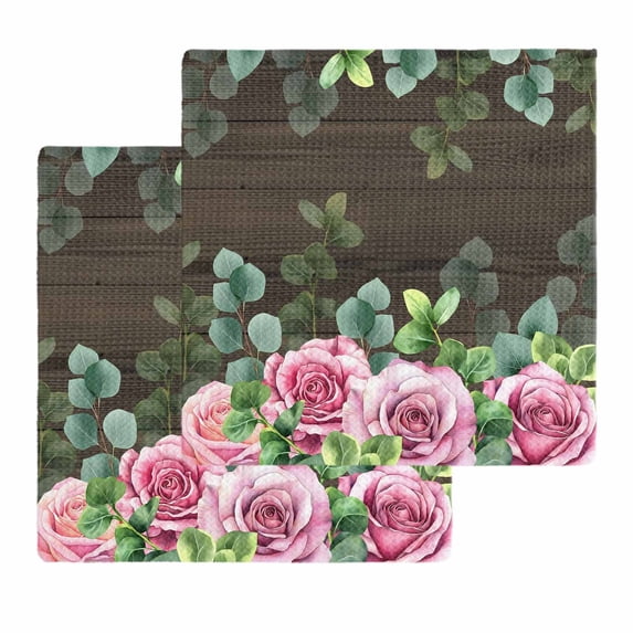 Spring Pink Roses Kitchen Dish Towels for Drying Dishes Set of 2, Pastoral Eucalyptus Leaves Brown Wooden Waffle Weave Microfiber Hand Tea Bathroom Towels Quick Dry & Absorbent Towel 12x12