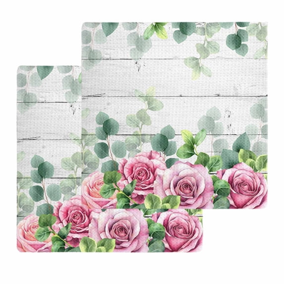 Spring Pink Roses Kitchen Dish Towels for Drying Dishes Set of 2, Pastoral Eucalyptus Leaves Gray Wooden Waffle Weave Microfiber Hand Tea Bathroom Towels Quick Dry & Absorbent Towel 12x12