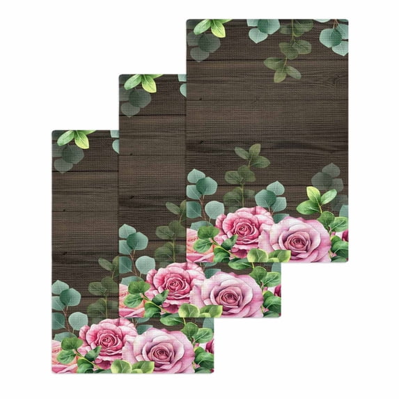 Spring Pink Roses Kitchen Dish Towels for Drying Dishes Set of 3, Pastoral Eucalyptus Leaves Brown Wooden Waffle Weave Microfiber Hand Tea Bathroom Towels Quick Dry & Absorbent Towel 15.7x23.6
