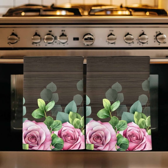 Spring Pink Roses Kitchen Towels Set of 1, Pastoral Eucalyptus Leaves Brown Wooden Absorbent Dish Towels for Kitchen, Microfiber Hand Towel, Quick Drying Tea Towel for Cleaning Decorative Dishcloths