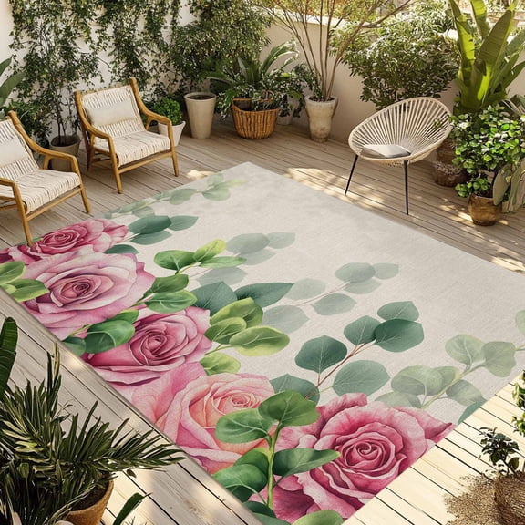 Spring Pink Roses Outdoor Rug for Patio/Deck/Porch, Non-Slip Large Area Rug 3 x 5 Ft, Pastoral Eucalyptus Leaves Rustic Burlap Indoor Outdoor Rugs Washable Area Rugs, Camping Rug Carpet Runner