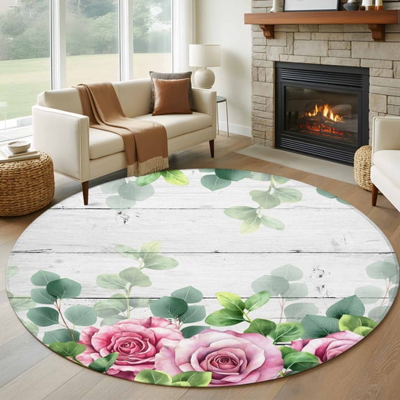 Spring Pink Roses Round Area Rug 5Ft Washable Circle Rugs for Living Room Bedroom, Pastoral Eucalyptus Leaves Gray Wooden Non-Slip Carpet Floor Mats Indoor Outdoor Carpet Runner Aesthetic Home Decor