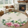 thumbnail image 1 of Spring Pink Roses Round Area Rug 5ft, Pastoral Eucalyptus Leaves Rustic Burlap Washable Non-Slip Circle Rugs for Bedroom Living Room Kitchen, Soft Low Pile Carpet for Dining Room Playroom Nursery, 1 of 9