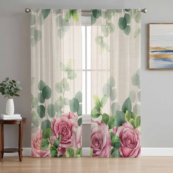 Spring Pink Roses Sheer Curtains 84 Inches Long 2 Panels Set, Window Sheer Curtains for Living Room/Bedroom, Pastoral Eucalyptus Leaves Rustic Burlap Light Filtering Rod Pocket Curtain 52''x84''x2