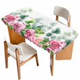 thumbnail image 1 of Spring Pink Roses Table Cloths for 3 Foot Rectangle Tables, Pastoral Eucalyptus Leaves Gray Wooden Patio Waterproof Elastic Fitted Tablecloths, Washable Rectangular Table Cover for Camping, 1 of 8