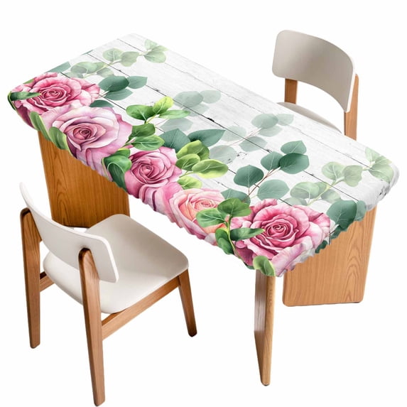 Spring Pink Roses Table Cloths for 3 Foot Rectangle Tables, Pastoral Eucalyptus Leaves Gray Wooden Patio Waterproof Elastic Fitted Tablecloths, Washable Rectangular Table Cover for Camping