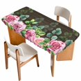 thumbnail image 1 of Spring Pink Roses Table Cloths for 4 Foot Rectangle Tables, Pastoral Eucalyptus Leaves Brown Wooden Patio Waterproof Elastic Fitted Tablecloths, Washable Rectangular Table Cover for Camping, 1 of 8