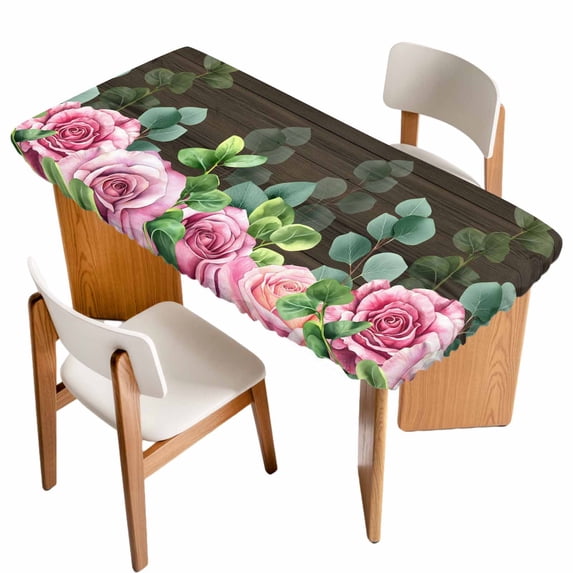 Spring Pink Roses Table Cloths for 4 Foot Rectangle Tables, Pastoral Eucalyptus Leaves Brown Wooden Patio Waterproof Elastic Fitted Tablecloths, Washable Rectangular Table Cover for Camping