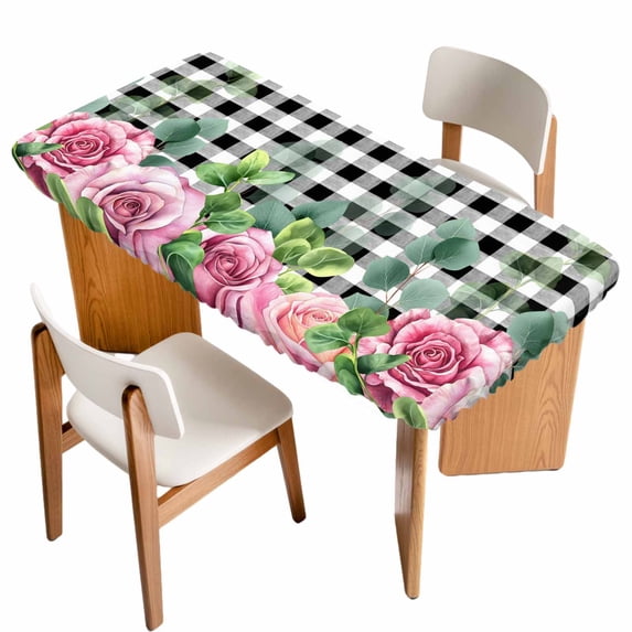 Spring Pink Roses Table Cloths for 6 Foot Rectangle Tables, Pastoral Eucalyptus Black White Plaid Patio Waterproof Elastic Fitted Tablecloths, Washable Rectangular Table Cover for Camping