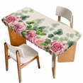 thumbnail image 1 of Spring Pink Roses Table Cloths for 6 Foot Rectangle Tables, Pastoral Eucalyptus Leaves Rustic Burlap Patio Waterproof Elastic Fitted Tablecloths, Washable Rectangular Table Cover for Camping, 1 of 8