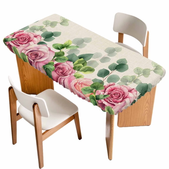 Spring Pink Roses Table Cloths for 6 Foot Rectangle Tables, Pastoral Eucalyptus Leaves Rustic Burlap Patio Waterproof Elastic Fitted Tablecloths, Washable Rectangular Table Cover for Camping