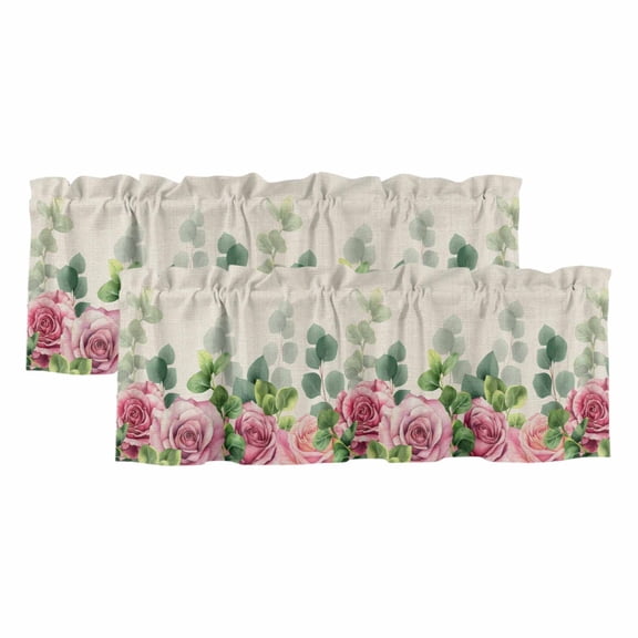 Spring Pink Roses Valances for Windows, Decorative Rod Pocket Window Valance Curtains, Pastoral Eucalyptus Leaves Rustic Burlap Short Curtain Drapes for Kitchen/Living Room, 2 Panels, 42" W x 18" L