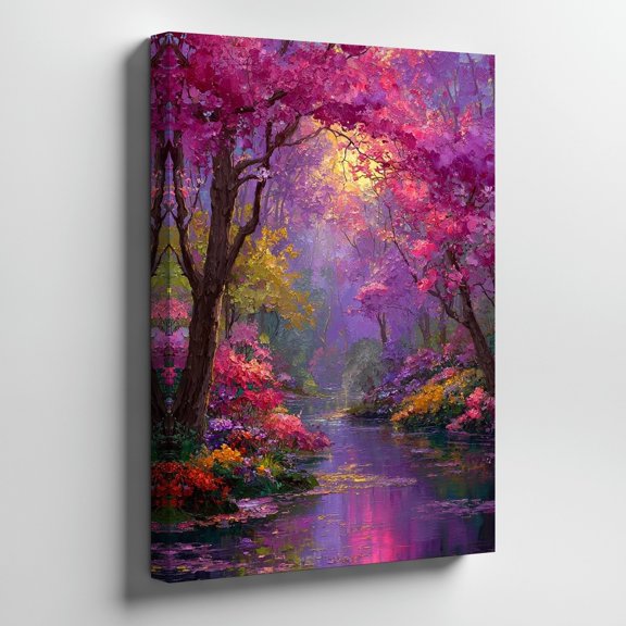 Spring Pink Trees River Reflection Wall Art Print, Floral Nature Decor