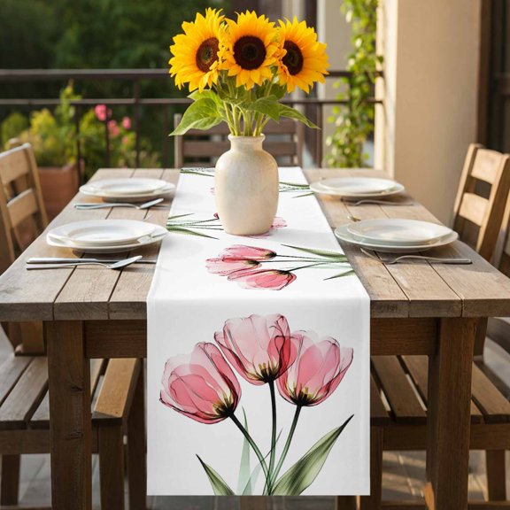 Spring Pink Tulip Flower Green Leaf Table Runner 36 Inches Long,Kitchen Dining Tablerunners Blossom Floral on White Linen Table Runners Dresser Scarves for Home Dinner Wedding Holiday Party Decor
