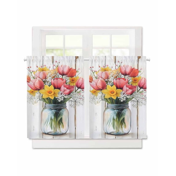 Spring Pink Tulip Short Blackout Curtains 36 Inch Long Watercolor Flower Wood Grain Rod Pocket Kitchen Curtains, 2 Panels Thermal Insulated Room Darkening Drapes for Bedroom, 30"W x 36"L