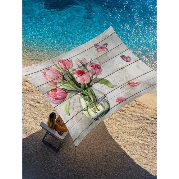 Spring Pink Tulip Sun Shade Sail 6.5' x 10', Vintage Flower Vase Leaf Butterfly Wood Grain Rectangle Outdoor Sunshade Canopy, Waterproof UV Block Patio Covers for Garden Yard Beach