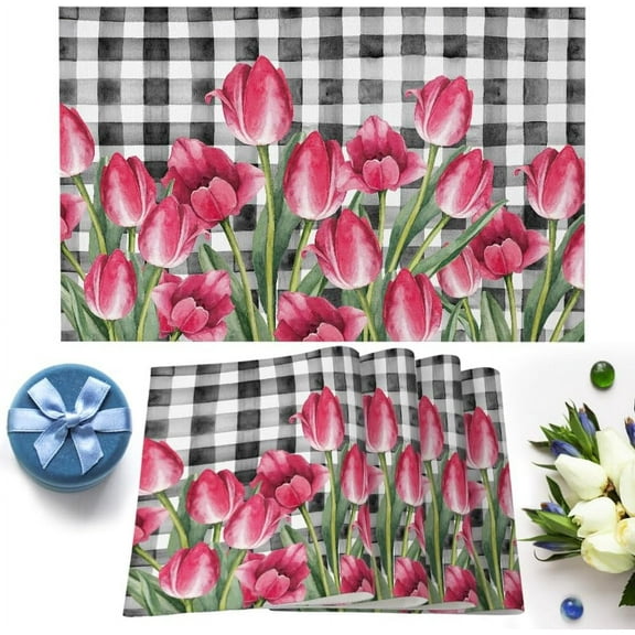 Spring Pink Tulips Placemats Set of 6 Washable Table Mats for Kitchen Dining Table, Heat-Resistant Cotton Linen Place Mats for Indoor Outdoor Parties Holiday Decoration, Buffalo Plaid Black White