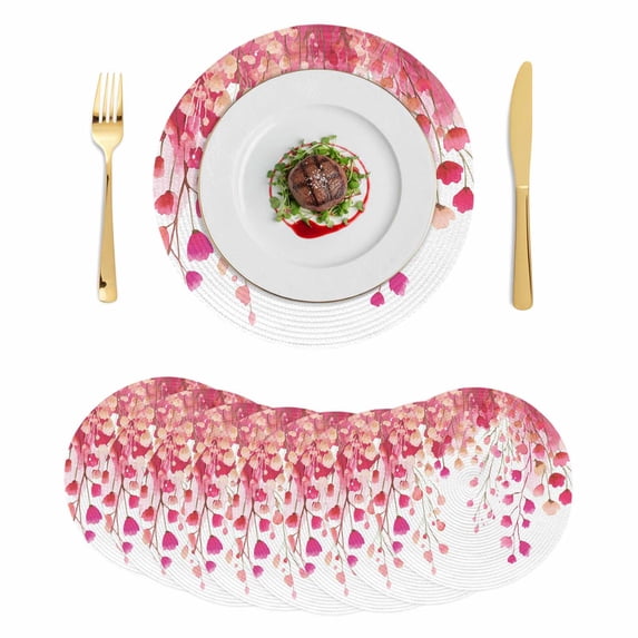 Spring Pink Wisteria Flowers Round 13 Inch Placemats Set of 8, Rustic Floral Branches HeatResistant Non Slip Place Mats for Dining Table, Wipeable Braided Kitchen Table Mats for Housewarming