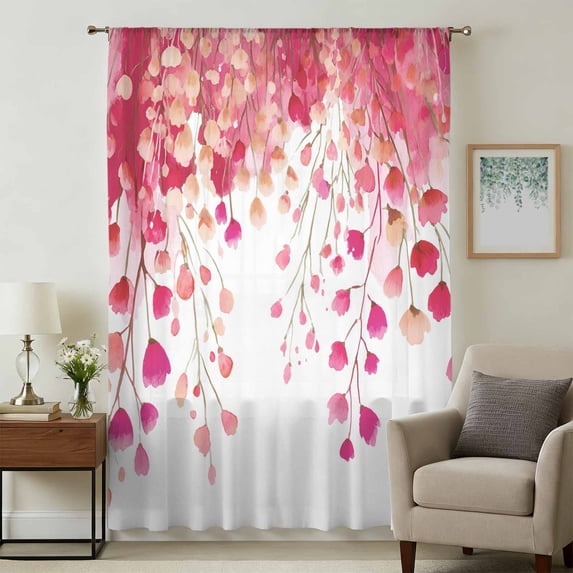 Spring Pink Wisteria Flowers Sheer Curtains 63 Inches Long, Rustic Floral Branches Light Filering Curtains, Breathable Simi Curtain Privacy Drapes for Living Room Bedroom Lightweight Window Treatment