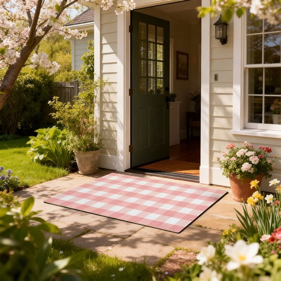 Spring Pink and White Plaid Rug, Velvet Layered Doormat Rug for Front Door, Hand-Woven Washable Entryway & Porch Decor(15.7Ã23.6in)