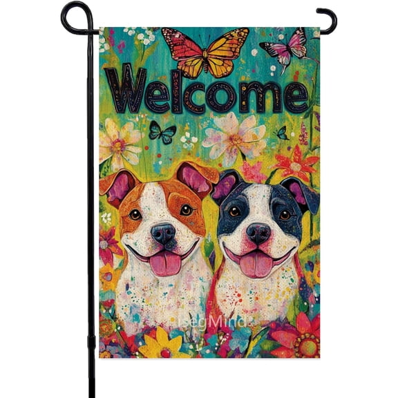Spring Pitbull Dog Garden Flag for Outside, Butterfly Flowers Garden Flag, 12x18 Inch Double Sided Burlap, Outdoor Yard Flag Decorations for Home (6272)