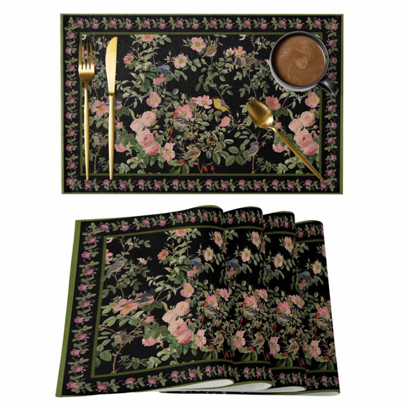 Spring Placemats Set of 2, Oriental Traditional Ethnic Floral Birds Retro Black Linen Non-Slip Place Mats Washable Table Mats for Kitchen Dining Table Decorations Indoor/Outdoor