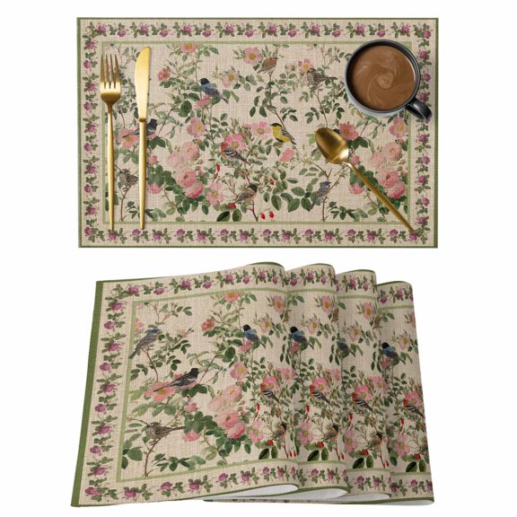 Spring Placemats Set of 2, Oriental Traditional Ethnic Floral Birds Retro Linen Non-Slip Place Mats Washable Table Mats for Kitchen Dining Table Decorations Indoor/Outdoor