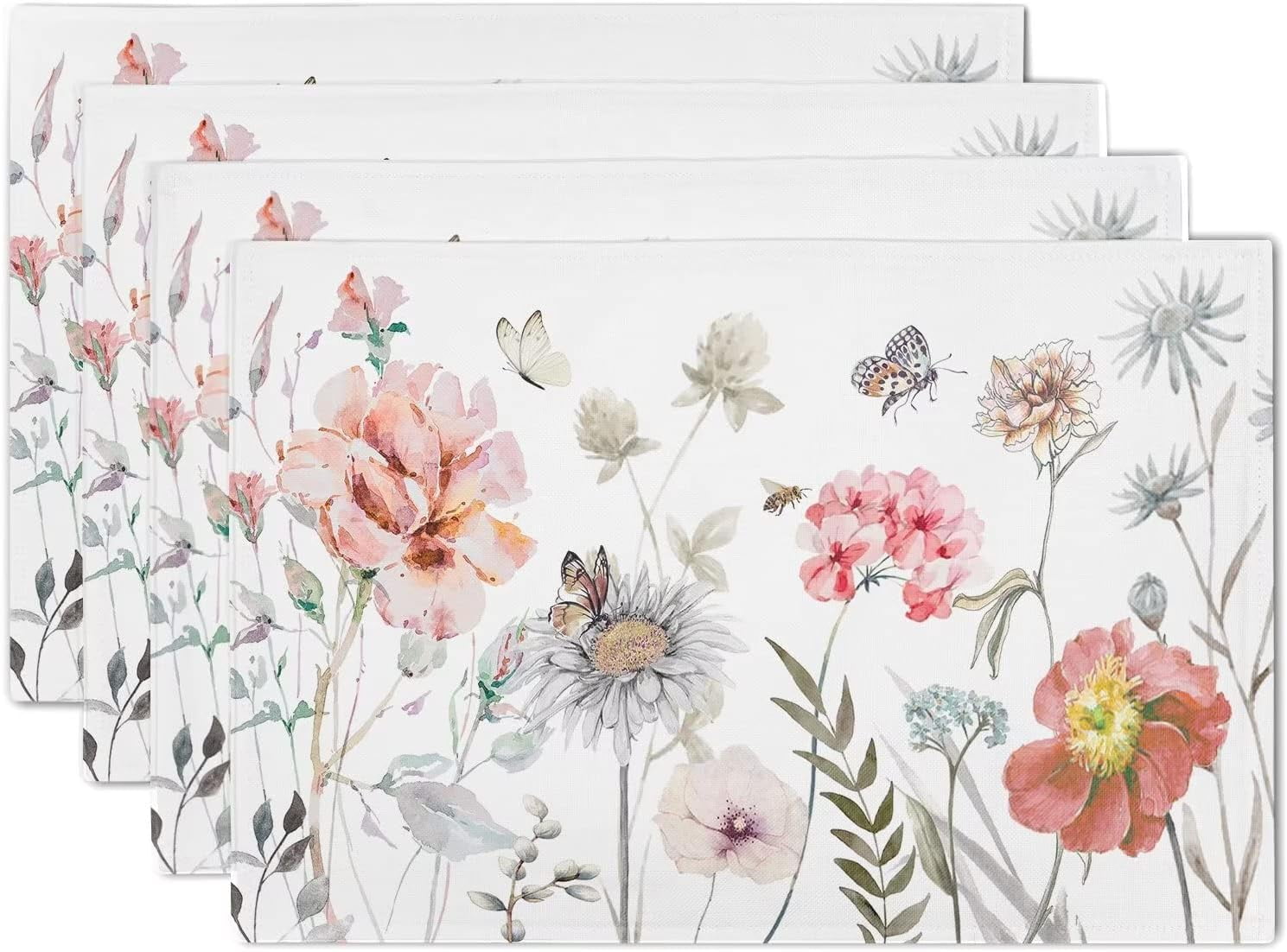 Spring Placemats Set of 4 Floral Bee Placemats 12 X 18 Inch Summer WISH