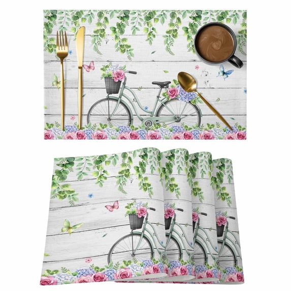 Spring Placemats Set of 6 Bicycles Botanical Rose Leaves Butterfly Wood Grain Place Mats Indoor Wipeable Table Mats Washable Dining Table Placemats for Kitchen Holiday Party Home Decor 13x19 Inch