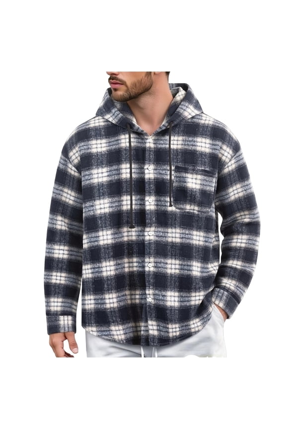 Spring Plaid Hooded Shirt Jackets for Men Soft Brushed Flannel Open Front Casual Layering Top Black L