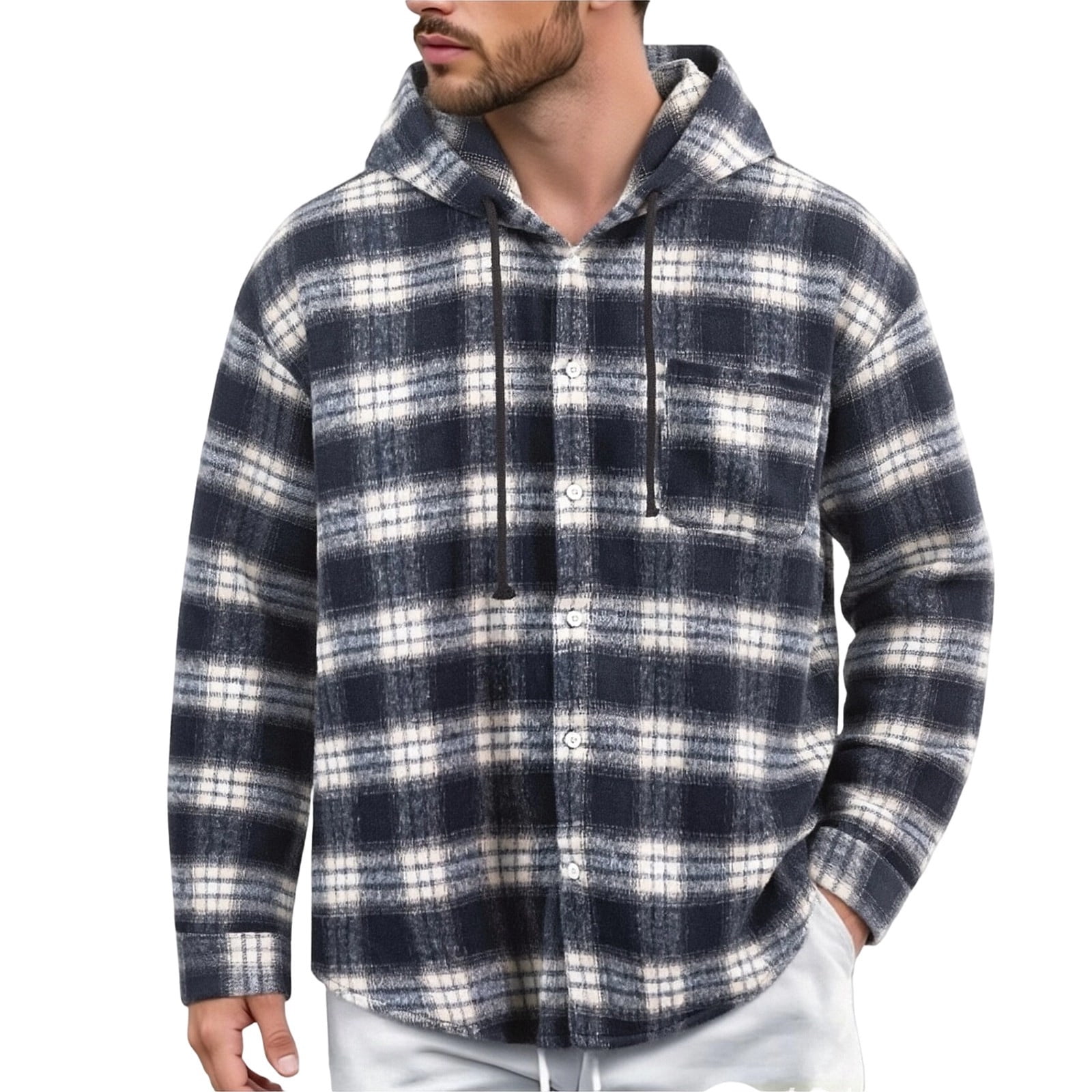 Spring Plaid Hooded Shirt Jackets for Men Soft Brushed Flannel Open ...
