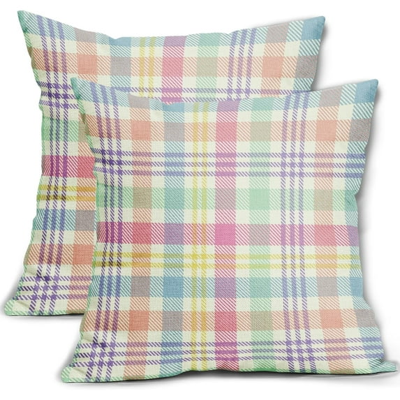 Spring Plaid Pillow Covers 16x16 Inch Easter Decorations Pink Green Blue Colorful Buffalo Plaid Decorative Throw Pillow Cases Set of 2 Farmhouse Holiday Cushion Cases Sofa Couch Bed Decor