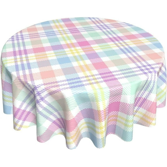 Spring Plaid Round Tablecloth 60 Inch Pink Green Blue Colorful Buffalo Plaid Easter Themed Decorative Table Cloth Farmhouse for Holiday Parties Dining Table Living Room Kitchen Decor